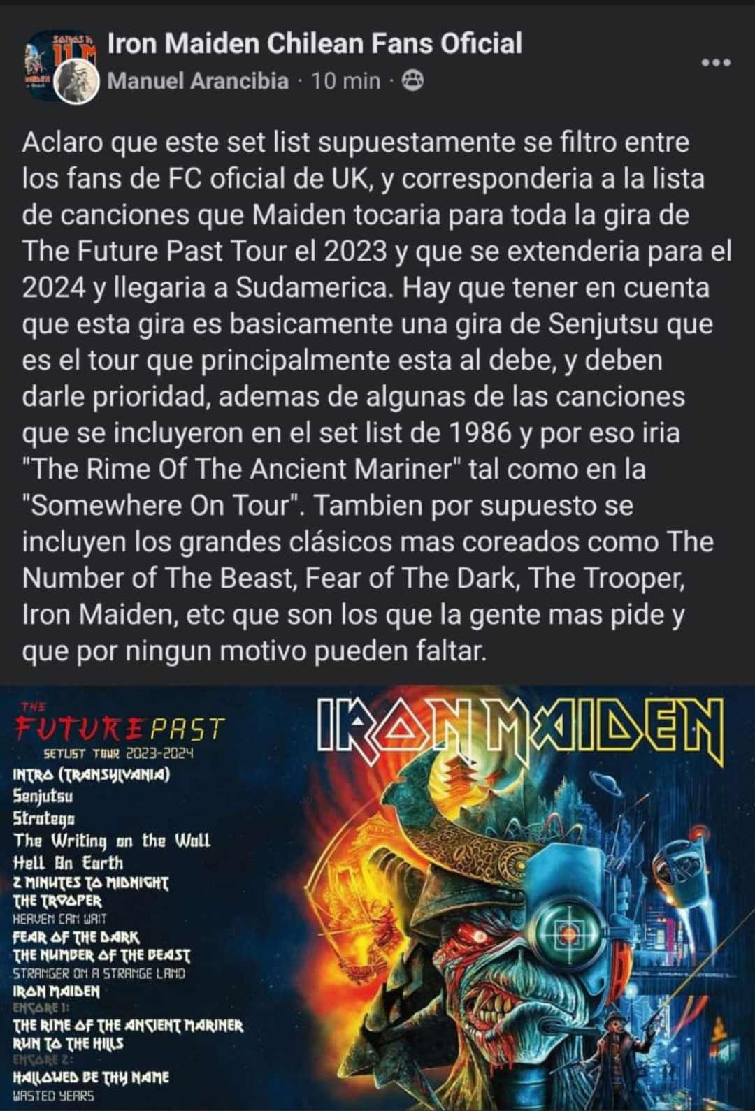 ¡Filtrado! Supuesto Setlist de Iron Maiden para su próxima gira mundial